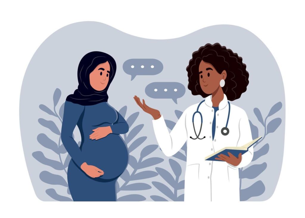 muslim-woman-expecting-a-baby-visits-the-doctors-office-examination-during-pregnancy-a-pregnant-woman-is-talking-to-an-obstetrician-gynecologist-vector